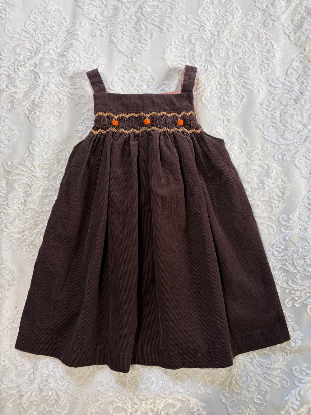 Janie and Jack Smocked Pumpkin Corduroy Dress Fall Thanksgiving Size 6-12 Months